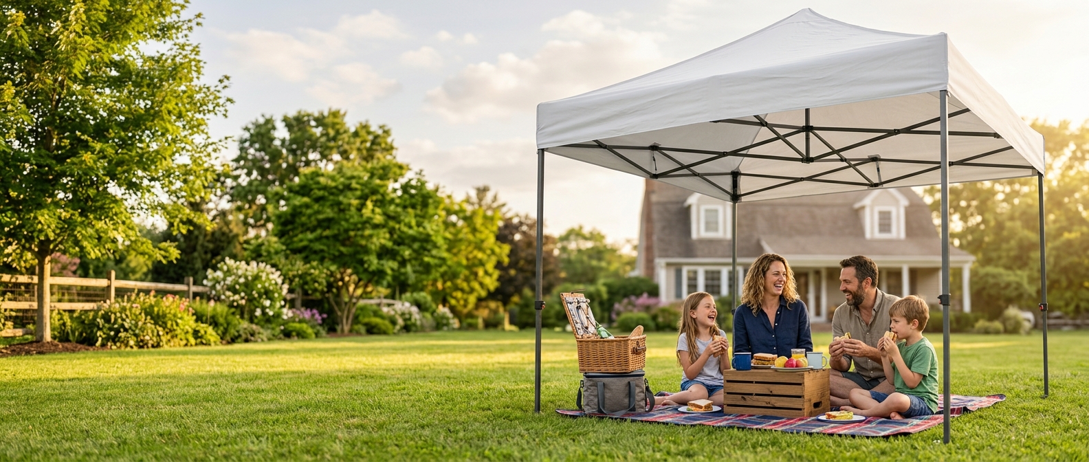 A pop-up canopy providing shade for a backyard gathering